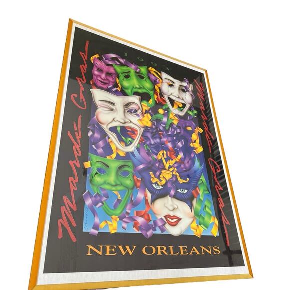 1993 Mardi Gras New Orleans Party Poster Signed Masks Attributed Frankie Flores - Picture 3 of 11